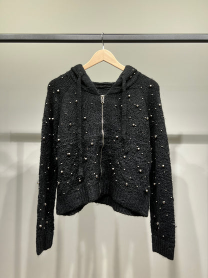 Sweat à Capuche Zippé En Maille Perles Argentée Court