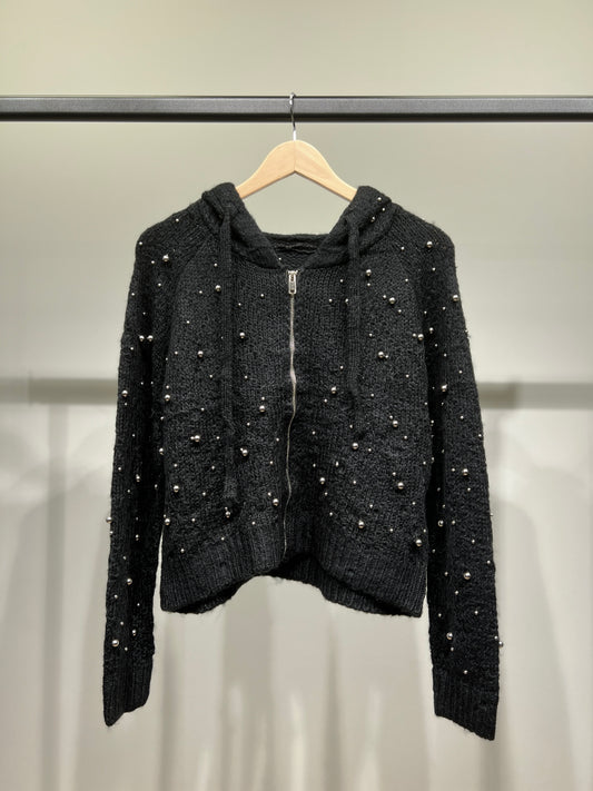 Sweat à Capuche Zippé En Maille Perles Argentée Court