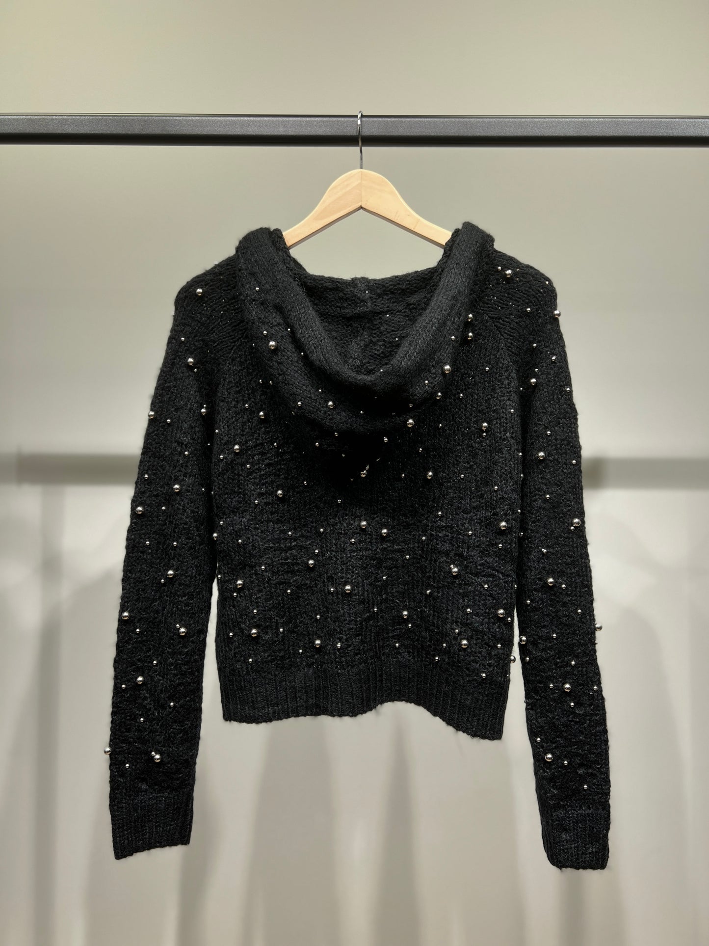 Sweat à Capuche Zippé En Maille Perles Argentée Court