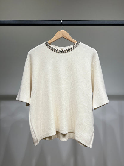 Pull Maille Fine Manche Courte à Col Bijoux Boutonné