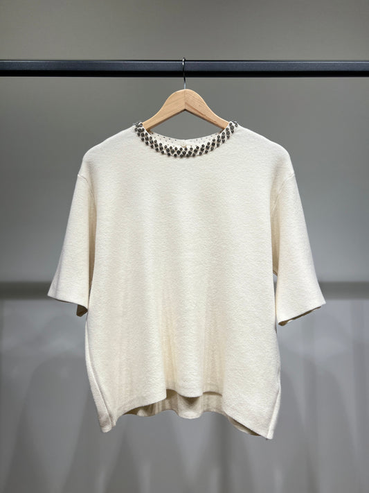 Pull Maille Fine Manche Courte à Col Bijoux Boutonné