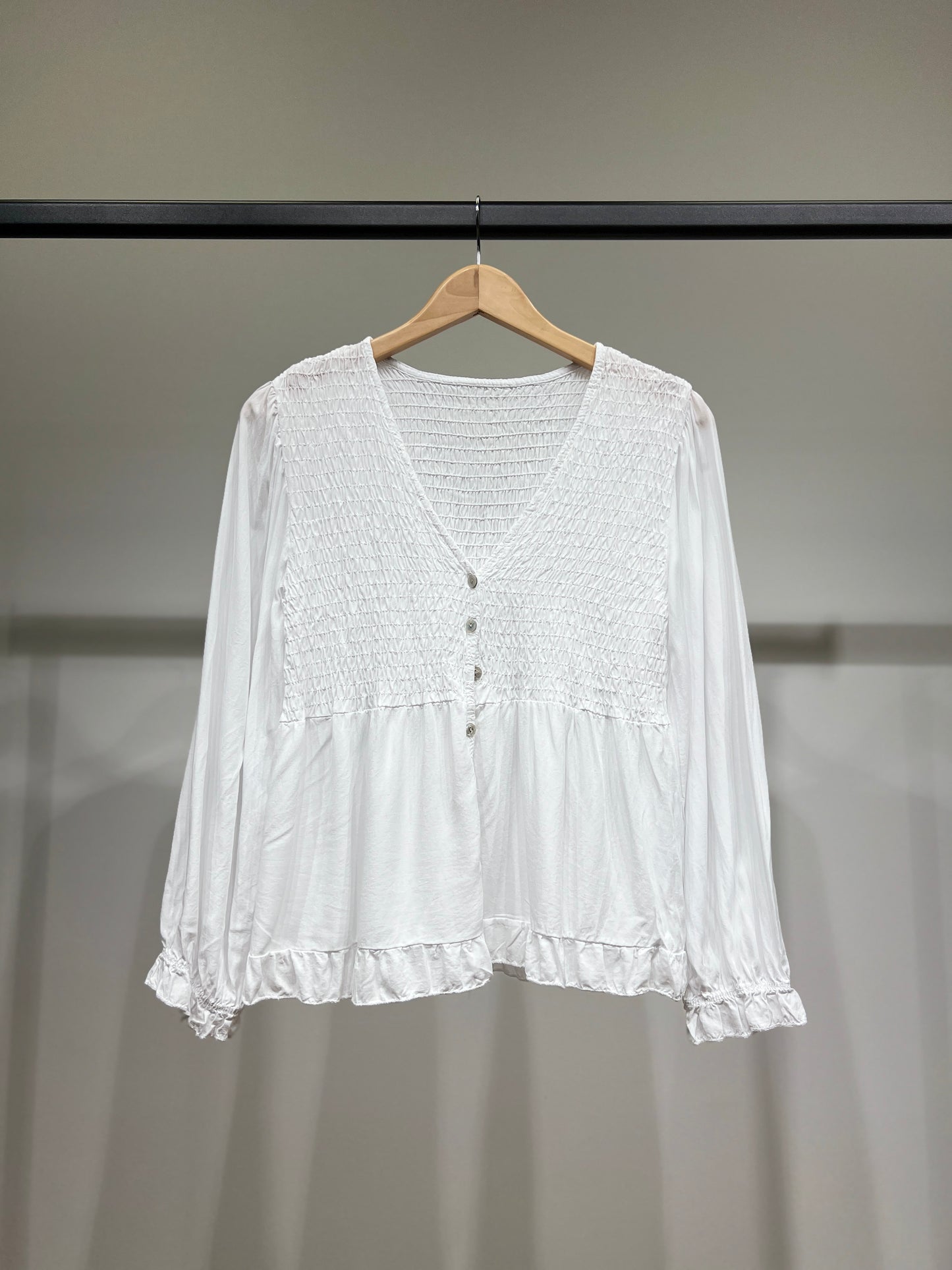 Chemisier Smoké Manche Bouffantes Coupe Peplum 100% Viscose