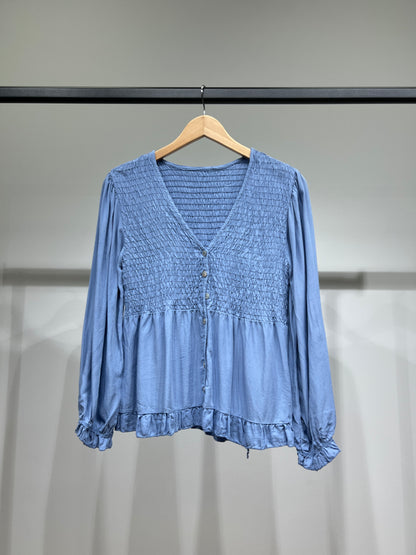 Chemisier Smoké Manche Bouffantes Coupe Peplum 100% Viscose