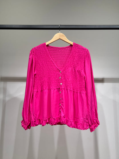 Chemisier Smoké Manche Bouffantes Coupe Peplum 100% Viscose