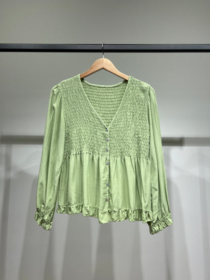 Chemisier Smoké Manche Bouffantes Coupe Peplum 100% Viscose