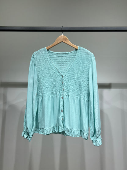 Chemisier Smoké Manche Bouffantes Coupe Peplum 100% Viscose