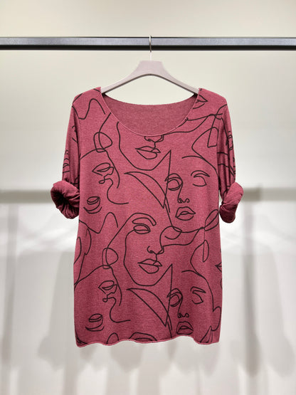 T-Shirt Manche Longue Col Rond à Motif Visages