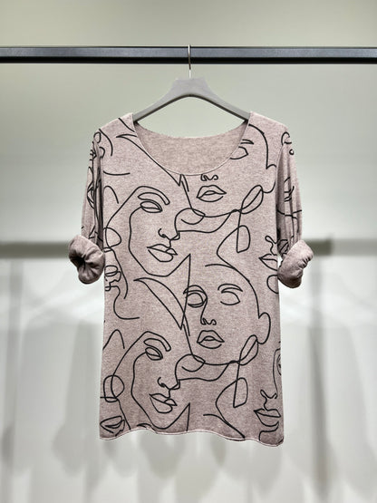 T-Shirt Manche Longue Col Rond à Motif Visages