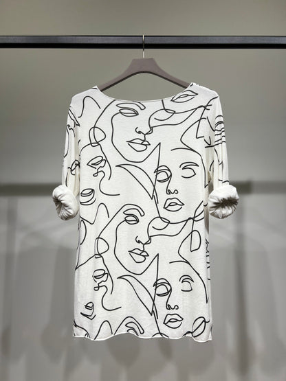 T-Shirt Manche Longue Col Rond à Motif Visages