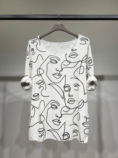 T-Shirt Manche Longue Col Rond à Motif Visages