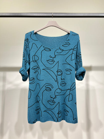 T-Shirt Manche Longue Col Rond à Motif Visages