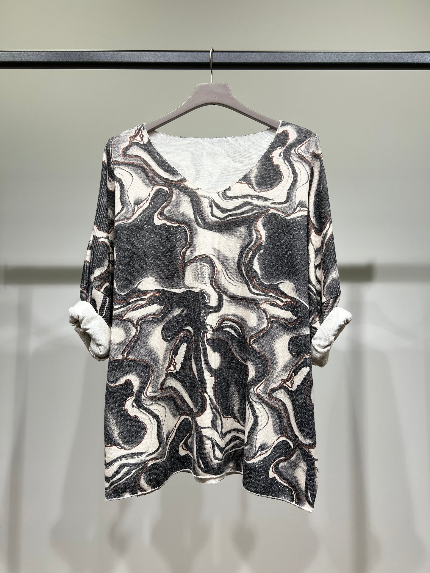 T-Shirt Maille Fine Manche Longue Col Rond Motif Marbre