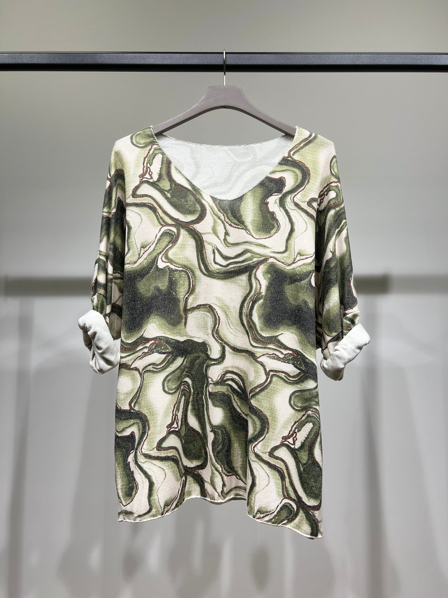 T-Shirt Maille Fine Manche Longue Col Rond Motif Marbre