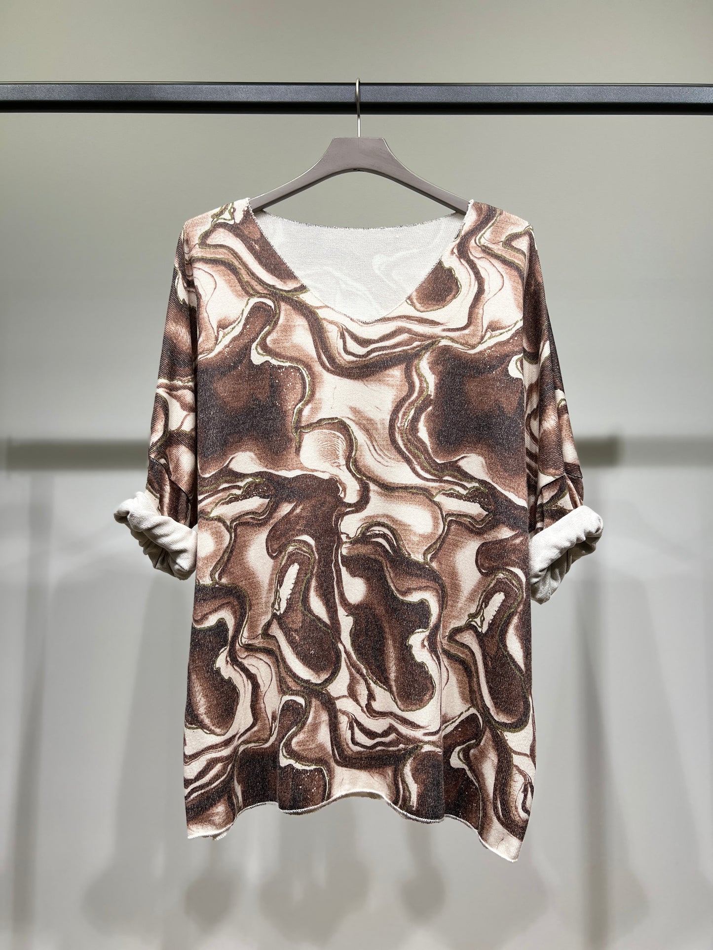 T-Shirt Maille Fine Manche Longue Col Rond Motif Marbre
