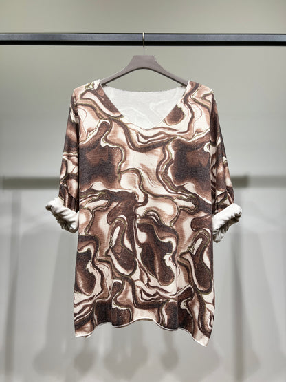 T-Shirt Maille Fine Manche Longue Col Rond Motif Marbre