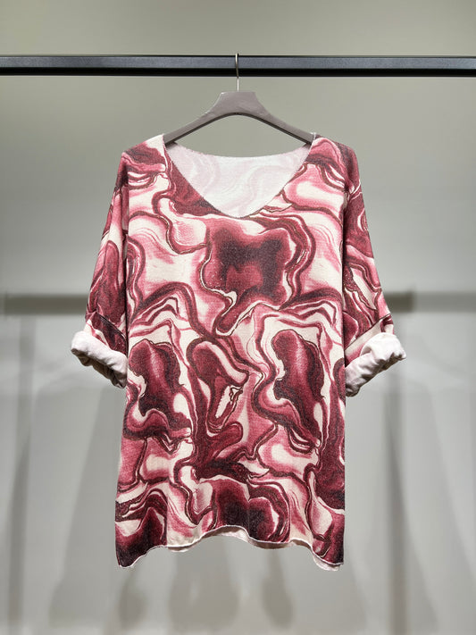 T-Shirt Maille Fine Manche Longue Col Rond Motif Marbre