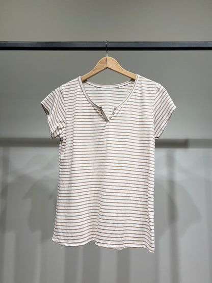 T-Shirt Rayé Marinière Manche Courte Col Henley 85% Viscose