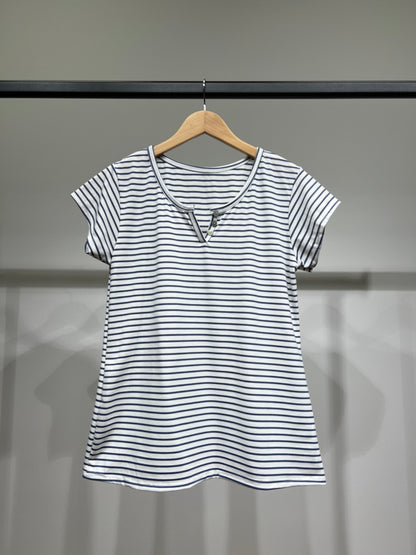 T-Shirt Rayé Marinière Manche Courte Col Henley 85% Viscose