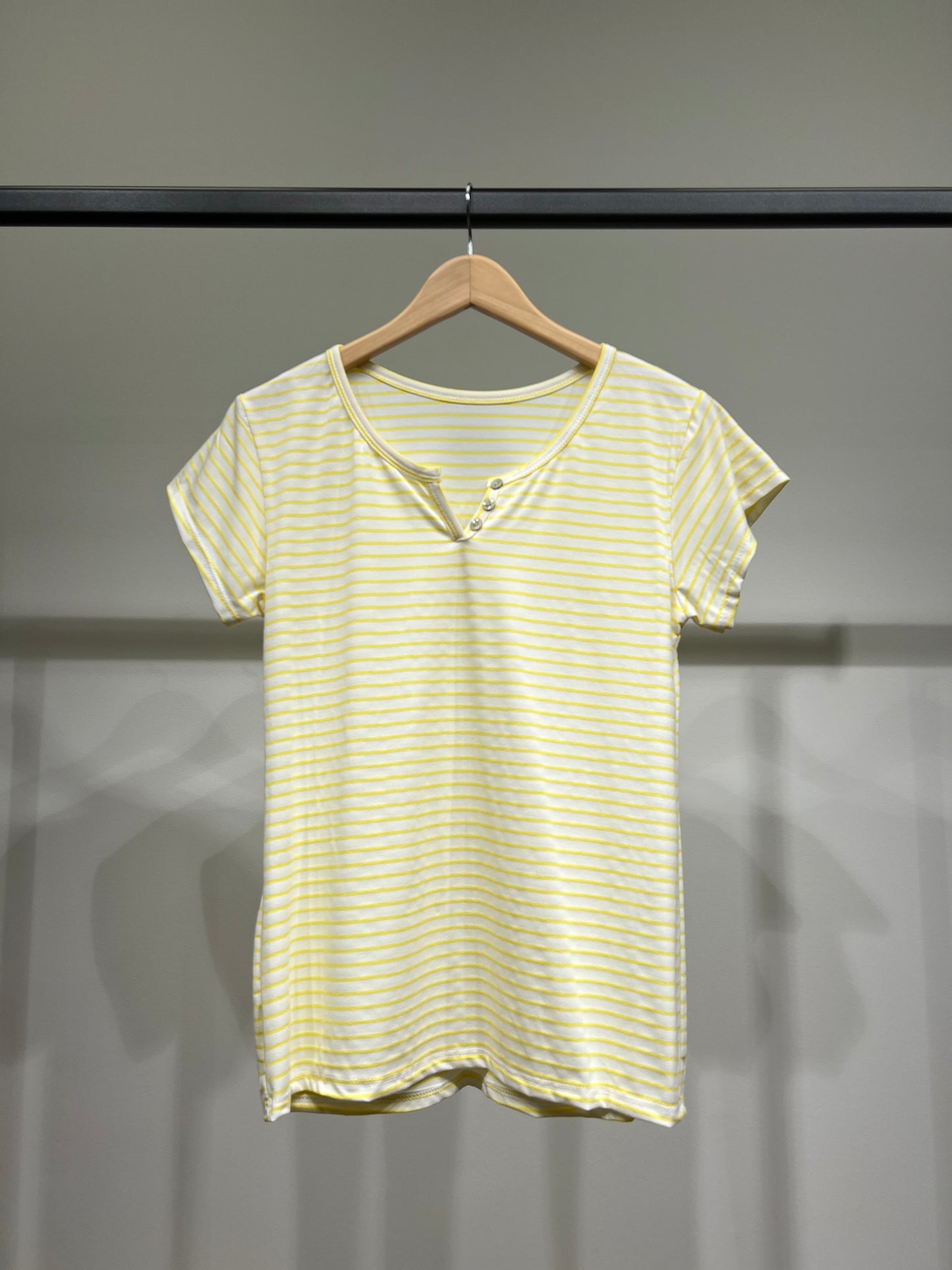 T-Shirt Rayé Marinière Manche Courte Col Henley 85% Viscose