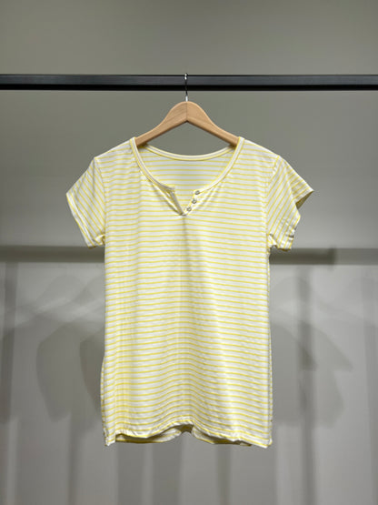 T-Shirt Rayé Marinière Manche Courte Col Henley 85% Viscose