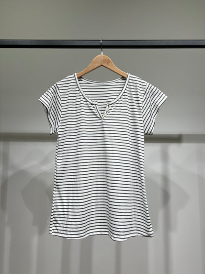 T-Shirt Rayé Marinière Manche Courte Col Henley 85% Viscose