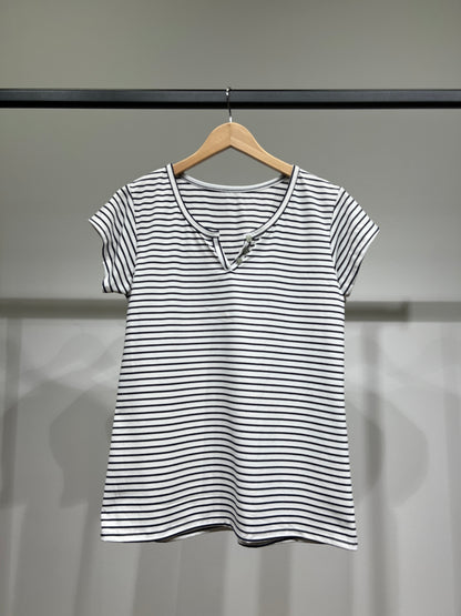T-Shirt Rayé Marinière Manche Courte Col Henley 85% Viscose
