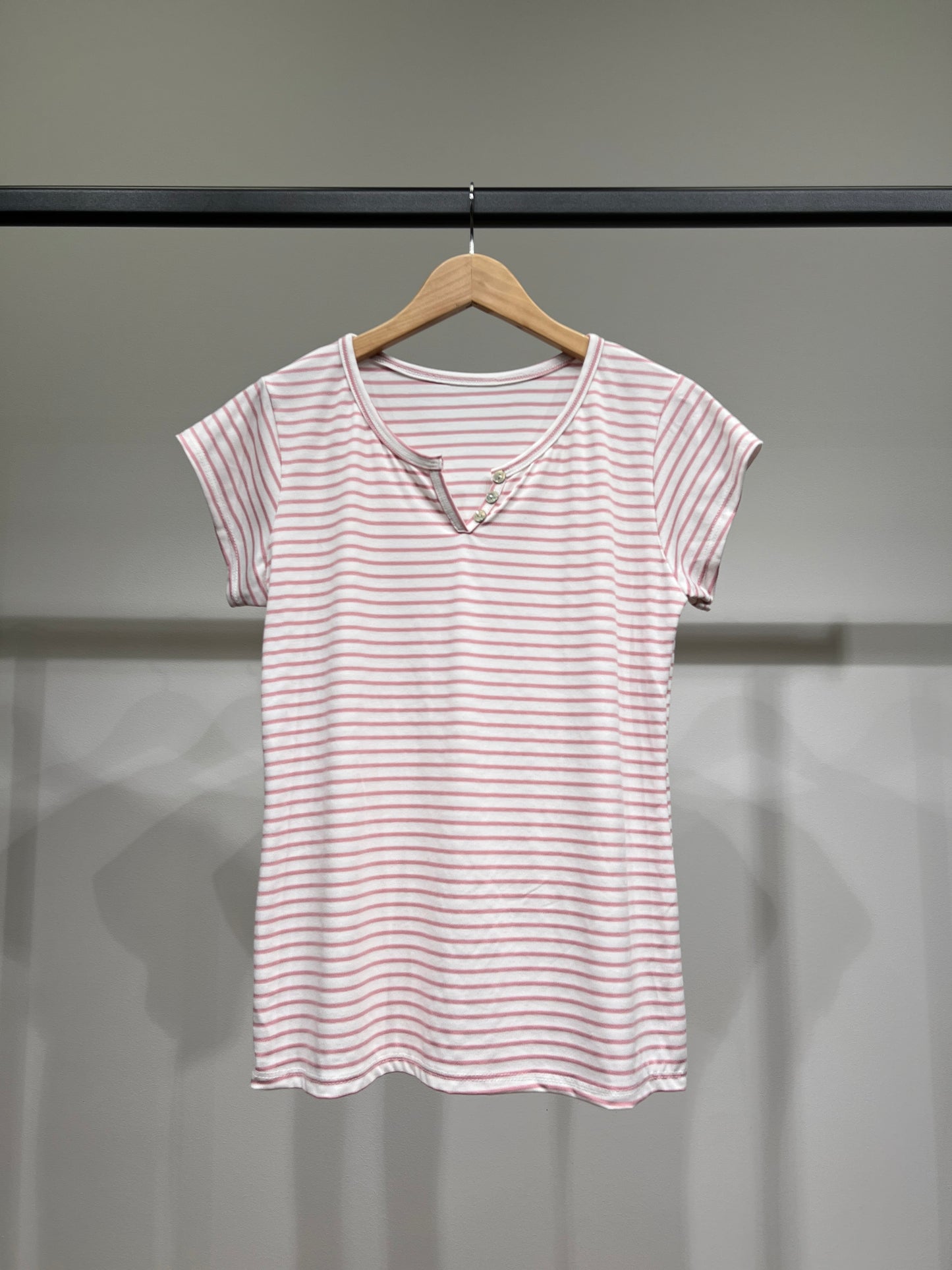 T-Shirt Rayé Marinière Manche Courte Col Henley 85% Viscose