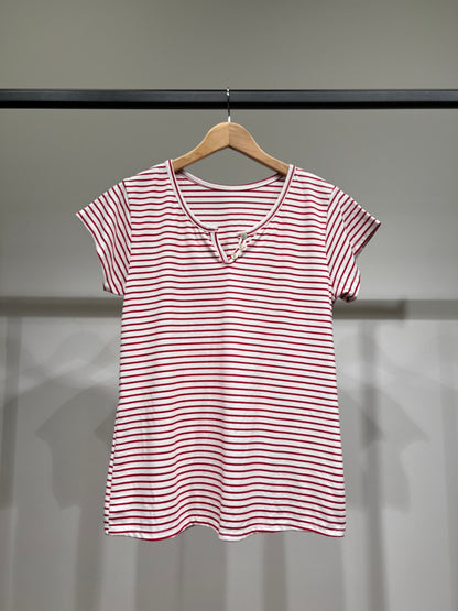 T-Shirt Rayé Marinière Manche Courte Col Henley 85% Viscose