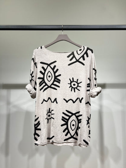 T-Shirt Manche Longue Col Rond à Motif Ethnique