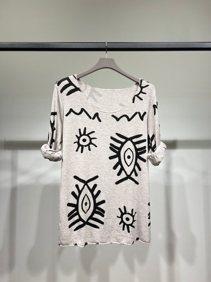 T-Shirt Manche Longue Col Rond à Motif Ethnique