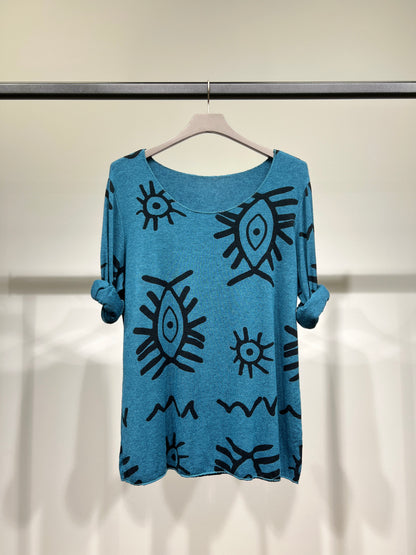 T-Shirt Manche Longue Col Rond à Motif Ethnique