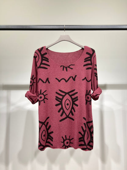 T-Shirt Manche Longue Col Rond à Motif Ethnique