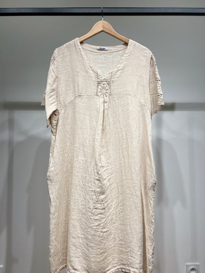 Robe Manche Courte Col V Dentelle Poches 100% Lin