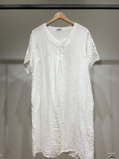 Robe Manche Courte Col V Dentelle Poches 100% Lin