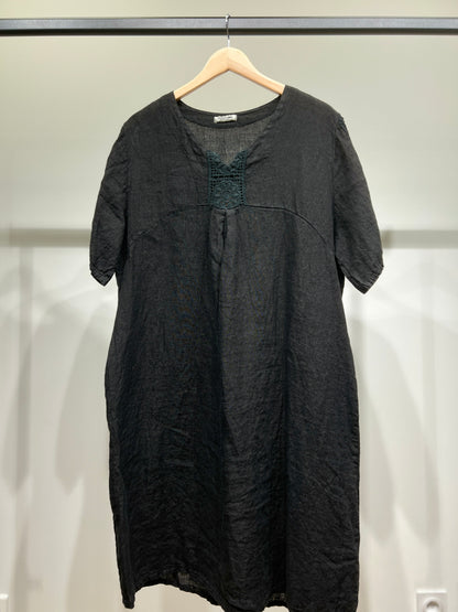 Robe Manche Courte Col V Dentelle Poches 100% Lin