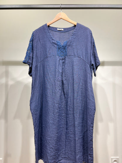 Robe Manche Courte Col V Dentelle Poches 100% Lin