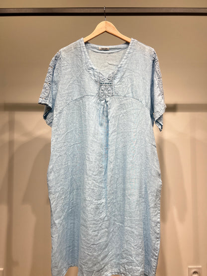 Robe Manche Courte Col V Dentelle Poches 100% Lin