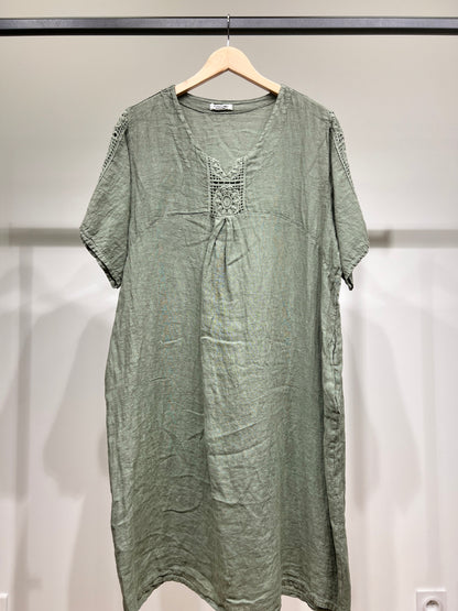 Robe Manche Courte Col V Dentelle Poches 100% Lin