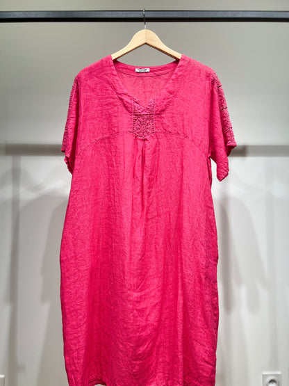 Robe Manche Courte Col V Dentelle Poches 100% Lin