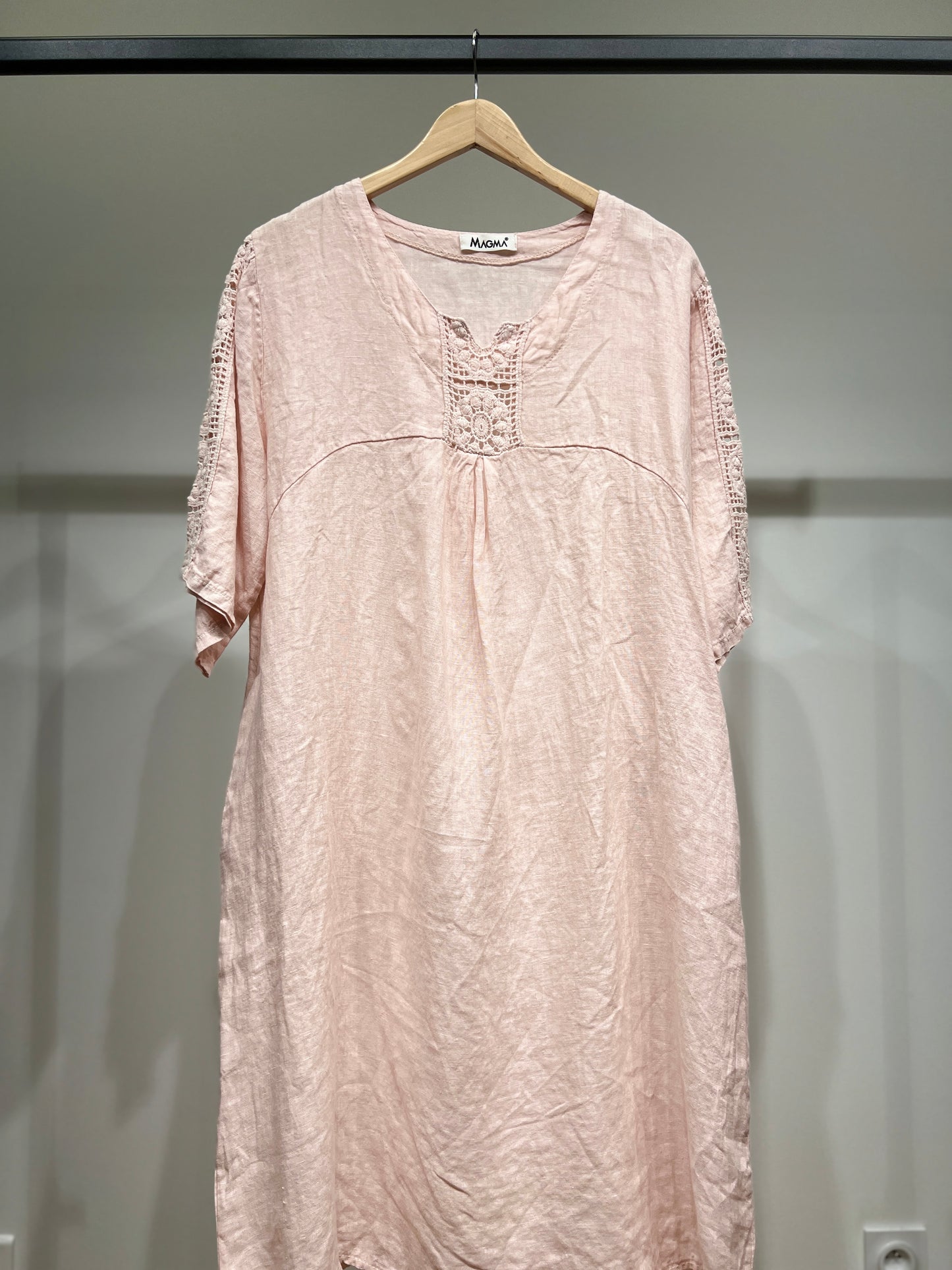 Robe Manche Courte Col V Dentelle Poches 100% Lin