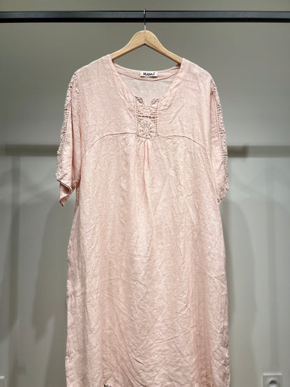 Robe Manche Courte Col V Dentelle Poches 100% Lin