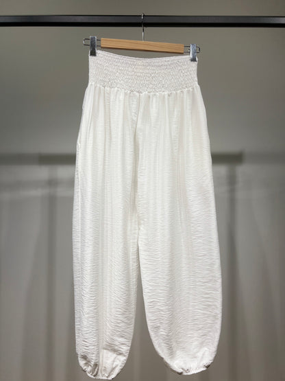 Pantalon Large Sarouel Coupe Bouffante Taille Élastique Smocké à Poches