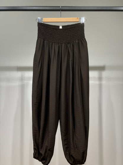 Pantalon Large Sarouel Coupe Bouffante Taille Élastique Smocké à Poches