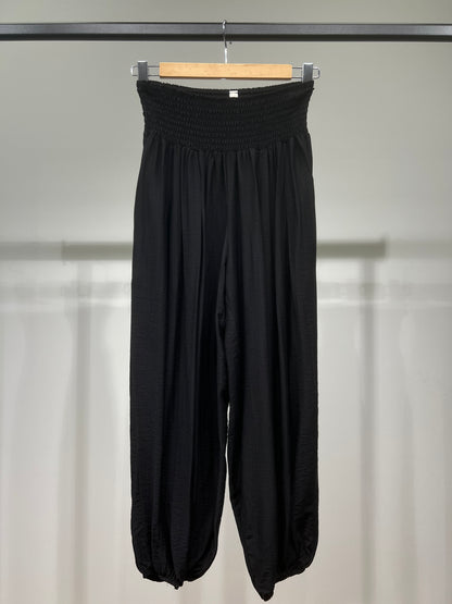 Pantalon Large Sarouel Coupe Bouffante Taille Élastique Smocké à Poches
