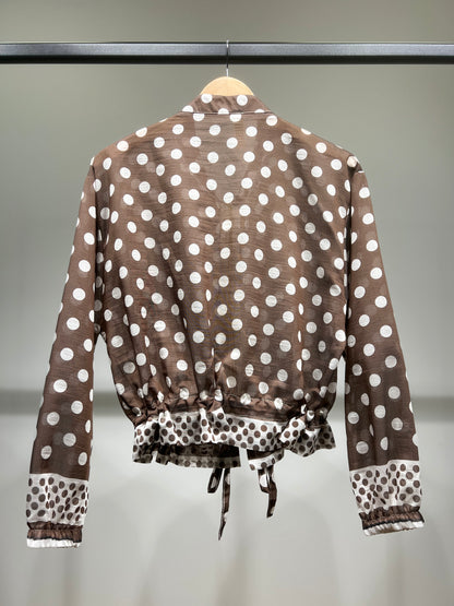 Veste Courte Légère Zippé Imprimé à Pois Fin Taille à Cordon