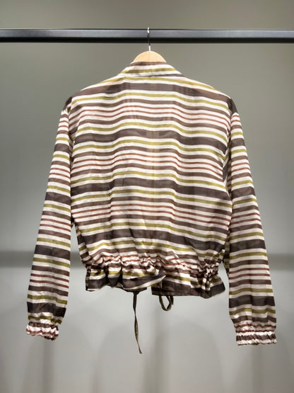 Veste Légère Cropped Cordon à La Taille Zippé Manches Bouffantes Rayé