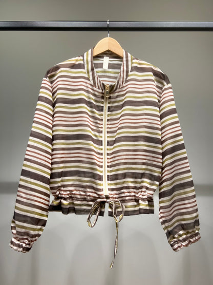 Veste Légère Cropped Cordon à La Taille Zippé Manches Bouffantes Rayé
