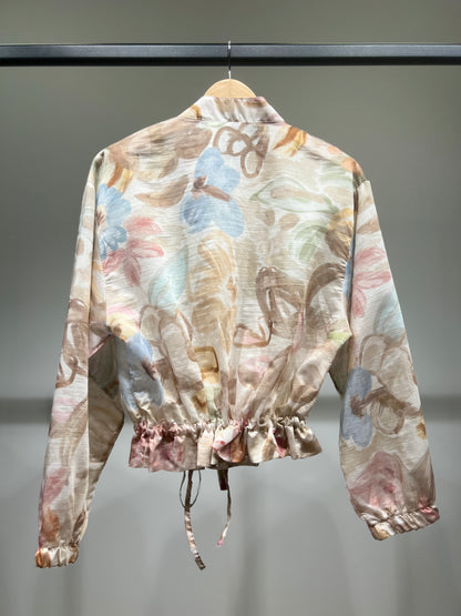 Veste Légère Cropped Motif Fleuri Cordon à La Taille Zippé Manches Bouffantes