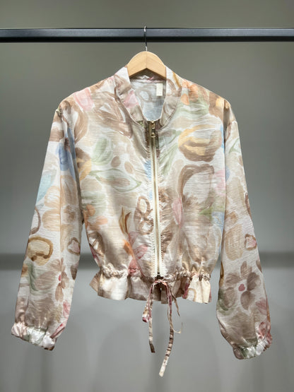 Veste Légère Cropped Motif Fleuri Cordon à La Taille Zippé Manches Bouffantes
