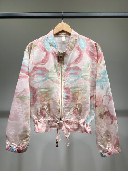 Veste Légère Cropped Motif Fleuri Cordon à La Taille Zippé Manches Bouffantes